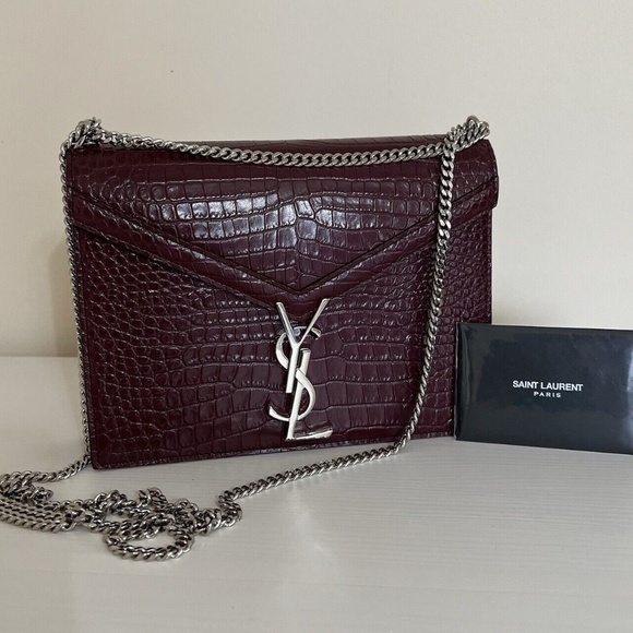 Yves SAINT LAURENT Calfskin Crocodile Embossed Cassandra Shoulder Bag Dark Red - Picture 5 of 13